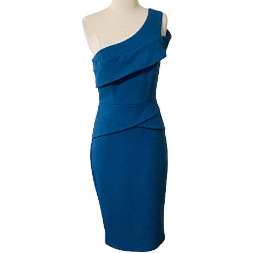Teal One Shoulder Knee Length Sheath Dress Size M